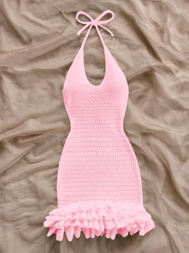 Image of GORGLITTER Women's Vacation Outfit Crochet Halter Knit Bubble Mini Dress Sexy Beach Cruise Summer Miami Resort Outfits