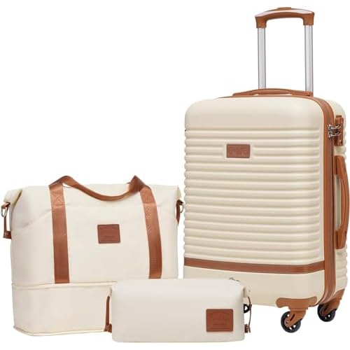 COOLIFE Suitcase Set 3PC - 20" Lightweight ABS Hard Shell Luggage + Travel Bag， Small Suitcase with 360° Wheels, TSA Locks for Family Travel, Cruise & Long Trips White/Brown 20" Suitcase (3