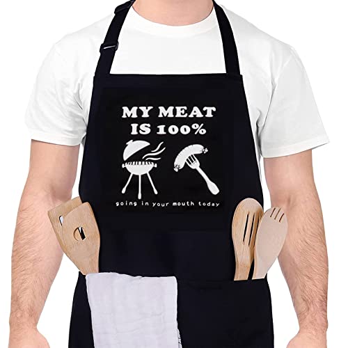 Funny Bbq Apron for Men with 38 Inches Tie, My Meat is Going in Your Mouth Mens Apron with Pockets for Kitchen Cooking, Adjustable Mens Apron Cooking , Dad Apron for Father Day Gifts