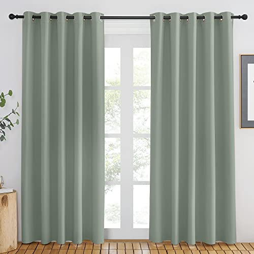NICETOWN Blackout Sage Green Curtain for Windows 84 inch Long - Thermal Insulated Solid Grommet Room Darkening Drape Sound Reducing for Bedroom/Living Room (1 Panel, W66 x L84)