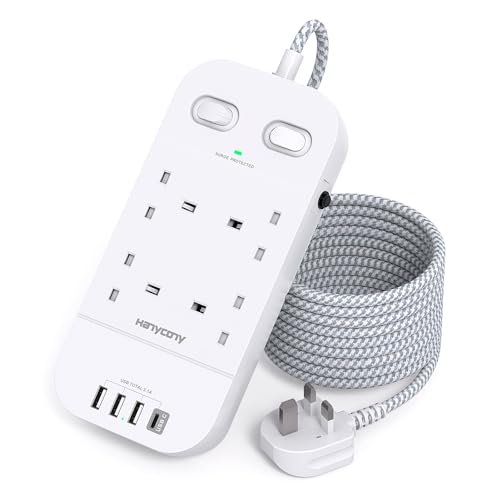 Extension Lead with USB Slots, 1.8M Extension Cable, 4 Way Plug Extension Socket with USB C, 1800J Surge Protected Extension Lead with Double Switches for Bedroom, Kitchen, Desk, Office Accessories