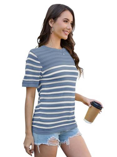 Image of ANCAPELION Women's Short Sleeve Sweater Top Striped Knit Crew Neck Pullover for Summer Trendy Shirts