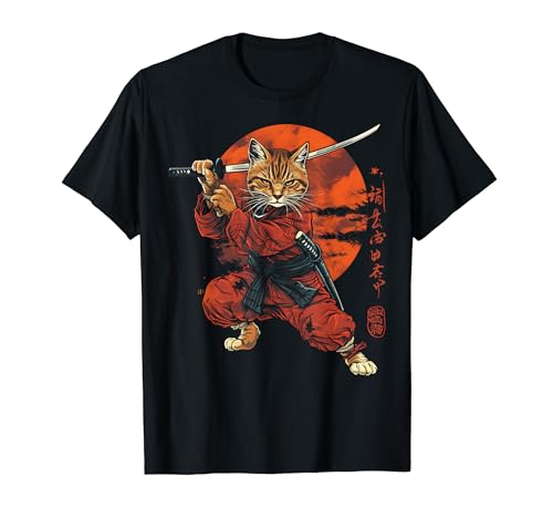 Kawaii Gatto Carino Anime Giapponese Stuff Samurai Gatto Ninja Maglietta
