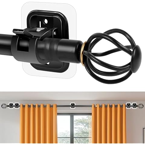 Renter Friendly Curtain Rods No Drilling for Windows 66 to 120 Inch,Outdoor Drapey Pole with Non Drill Curtain Rod Brackets,Ceiling Cortineros Para Long Ventanas with Adhesive Drape Stick Holder Black Cover