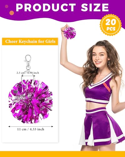 Remuuly 20 Pcs Cheer Pom Pom Keychain Cheerleader Gifts Cheerleading Keyring Charm Foil with Keychain Hooks for Women Accessories (Rose Red) - Thumbnail 2