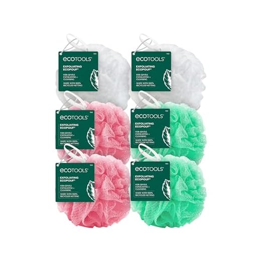 EcoTools Exfoliating EcoPouf Bath Sponges, Rich Lather, Recycled Netting, Body Loofahs for Smoother, Softer Skin, Removes Dirt & Impurities, For Shower & Bath, Assorted Colors, Pack of 6
