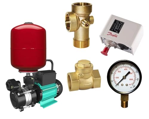 Image of kirloskar aquanight 100 bronz 1 hp water pump with 24 liter water pressure boosting 24 liter tank, 5 way Connector, Pressure Guage, Pressure Switch, (multicolour)