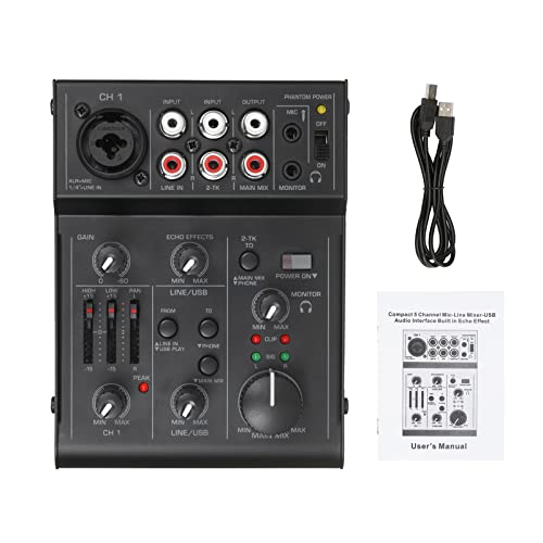 XIBANY Mixer de áudio compacto de 5 canais Console de mixagem de som Interface de áudio USB EQ de 2