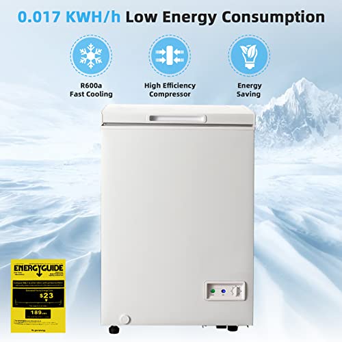 PETSITE 3.5 cu ft Chest Freezer, Compact Deep Freezer w/ 7-Grade Adjustable Temperature, Removable Storage Basket & 2 Wheels, Quiet & Energy-saving Freezer for Kitchen Apartment Office, White - Thumbnail 4