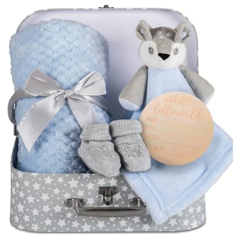 Baby Boy Gift Set New Born Baby Gift Baby Blue Deer Fawn Security Blanket Soft Fleece, Suitcase Keepsake Box Blanket Booties & Baby Gift Basket – Unique Present for Baby Shower & Newborn Lovey Welcome Cover