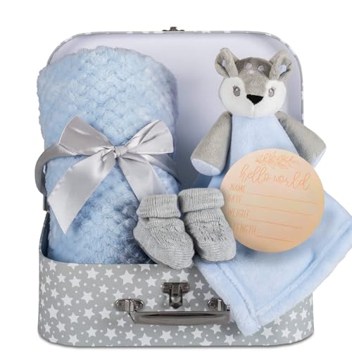 Image of Hoolaroo Baby Blanket New Baby Boy Gifts Newborn Box Fleece Blanket, Blue Deer Fawn Comforter, Knit Booties, Hamper Suitcase Blue Gifts Present Boys