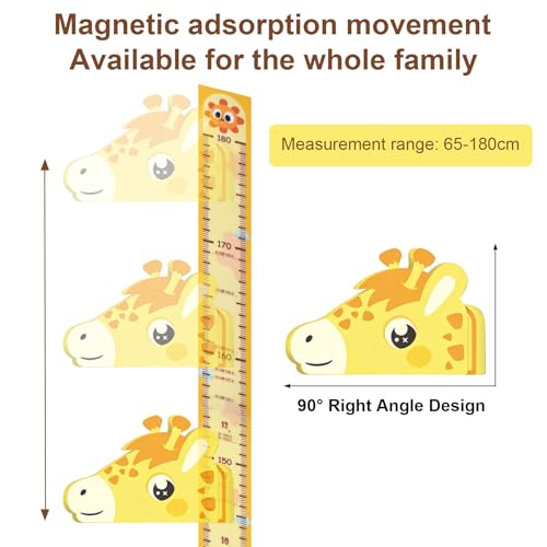 FooYee Messlatte für Kinder, 3D Beweglicher Giraffenkopf Magnetischer Höhenmesser für Jungen und Mädchen, Wanddekoration Kinderzimmer und Kindergarten, Messbereich 65–180 cm