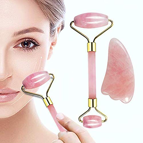 Rose Quartz Roller and Gua Sha 2 in 1 Set, 100% Natural Authentic Jade – Natural Rose Jade Facial Roller, Facial Massager for Wrinkle Removal and Anti-Aging Skin Care Kit