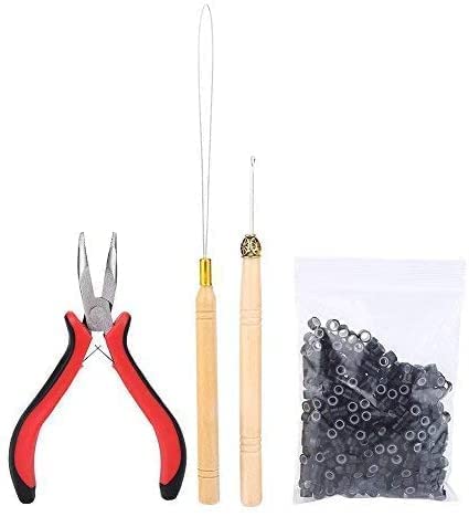D-DIVINE Hair Extension Kit Pliers Pulling Hook Bead Device Tool Kits and 500PCS Black Silicone Lined Micro Rings (BLACK)-image-26