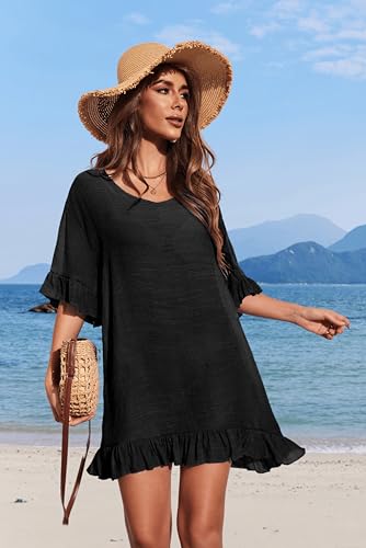 Ekouaer Womens Swimsuit Coverup V Neck Bathing Suit Beach Dress Sexy Ruffle Sleeves Bikini Cover Up Loose Top XS-3XL4