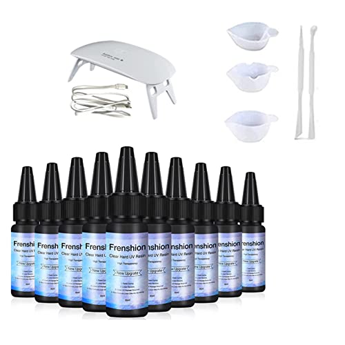 Lámpara Incluida-10 Piezas 30 ML Mejora 1 Min Cura Rápida! Resina UV de cristal duro + 5 tipos de herramienta de resina de silicona Palo de copa para hacer joyas Fundición y revestimiento Cover
