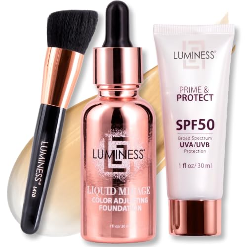 LUMINESS Liquid Mirage Color Adjusting Foundation 3PC Kit with SPF 50 Primer & Pro Makeup Brush – Buildable Coverage, Designed for Mature Skin