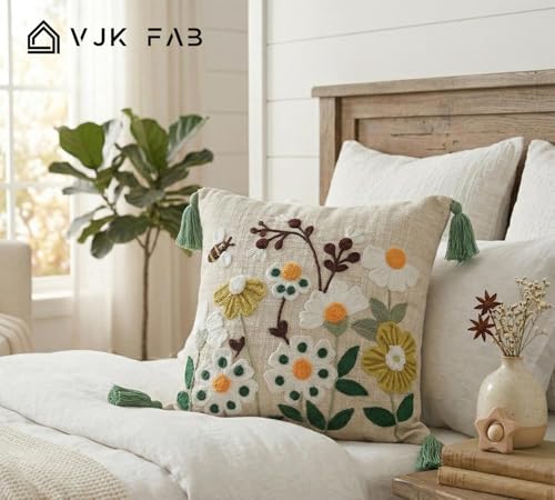 Image of Cotton Fabric Honey Bee Flowers Embroidered Cushion Cover for Sofa Set /Diwan Beds 16 x 16 Inches or 40x40 cms Cushion Covers, Sofa Throw Pillow Only, Set of 1 Pc