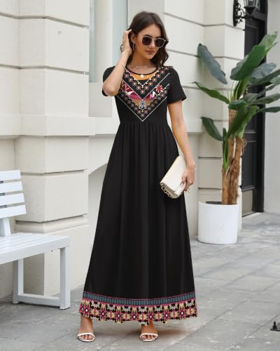 Image of COSSEN Women's Crew Neck Short Sleeve Maxi Dress with Pockets Casual Loose Swing for Wedding Guest Beach Vacation