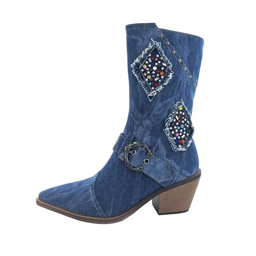 Denim Cowboy Boots for Women Western Boot Chunky Heels Wide Calf Cowgirl Mid Calf Boots2