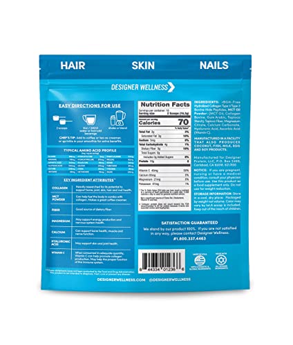 Designer Collagen, Hydrolyzed Grass-Fed Bovine Collagen Peptides I/Iii With Mct Oil, Keto-Friendly, Perfect Creamer, Fiber, Calcium, Vitamin C And Hyaluronic Acid, Unflavored, 10.6 Oz #TOP1