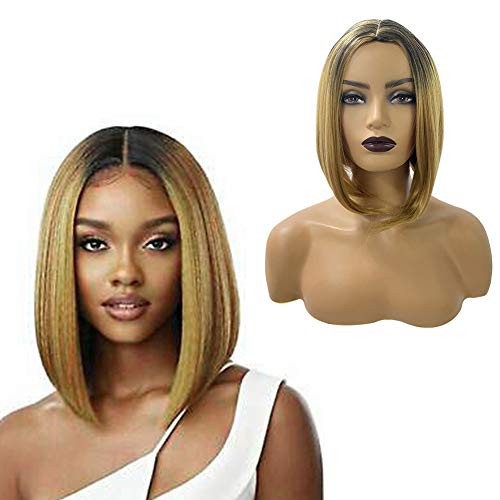 Short Bob Wigs with Bangs: 10inch Black Straight Synthetic Heat Resistant Full Machine Made Cosplay Hair Wig for Women (Brown)