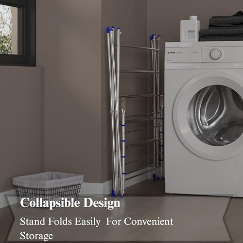 Image of Foldable Clothes Drying Stand | 3 Layer 16 Rod Stainless Steel Laundry Rack with 8 Hooks | Heavy Duty Indoor & Outdoor Cloth Dryer for Balcony, Home & Laundry Room - Blue