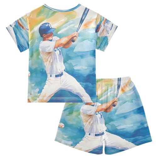 ALAZA Baseball Player Watercolor Pajamas Set Short Sleeve Cotton Sleepwear Summer Pjs 2 Piece 5-14Y2