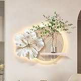 Moderno orologio da parete floreale con vaso di vetro 3D, luce LED accento, decorazione con texture arenaria, facile da installare per soggiorno, camera da letto, cucina, ufficio
