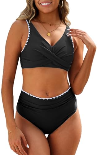 Yutdeng Conjunto Bikini Mujer Braga Alta Biquini Crossover Reductores Barriga Bikini Push Up con Relleno Cuello V Traje de Baño Mujer 2 Piezas Biquinis Bañadores Dos Piezas Ropa de Baño,Negro,M