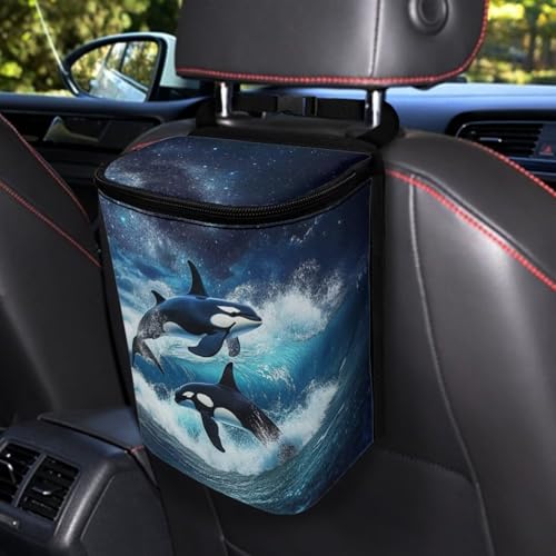 Image of DISNIMO Ocean Killer Whale Hanging Car Trash Can Black Car Garbage Storage Bag with Lid Auto Rubbish Bin Leak-Proof Cars Trash Can Portable Organizer for Men Women Keeps Clean