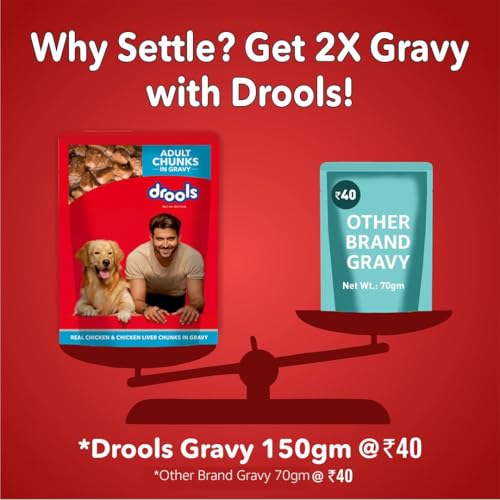 Drools Adult Wet Dog Food 24 Packs (150g X 24) | Real Chicken and Chicken Liver Chunks in Gravy | Support Immunity | Oral Health | Training and Behaviour