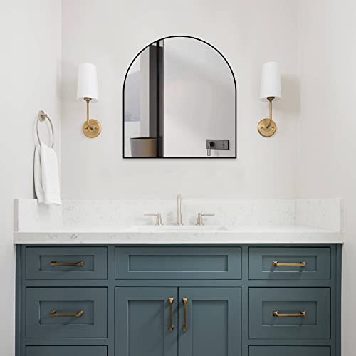 Arched Mirror 31 "X33, Metal Framed Mirror For Fireplace, Wall Mounted Mirror For Porch, Hd Wide Arched Mirror, Arched Wall Mirror For Bedroom, Living Room, Entrance (Black) #TOP2