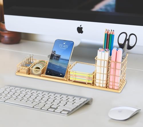 Image of Metal Desk Organizer Set with Mobile Stand, Pen Holder & Sticky Note Tray | Multipurpose Office Table Organizer for Study Desk, Home & Office (Gold)