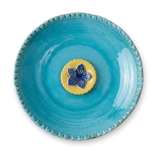 Topadorn 2 Depth Ceramic Birdbath & Birdfeeder for Small Birds Outdoors 12.2 Bird Bath Bowl for Vintage Garden Patio Yard Lawn Decor Blue with Yellow Flower