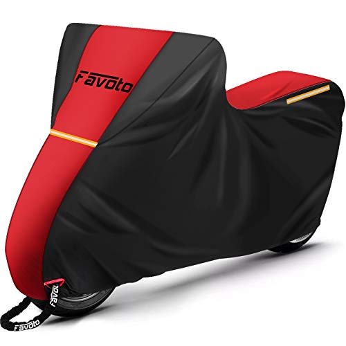 Favoto Housse de Protection pour Moto Couverture 210D Imperméable Contre Soleil Pluie Poussière Vent Neige Feuilles Déjections d'oiseaux, 245x105x125cm Rouge+Noir
