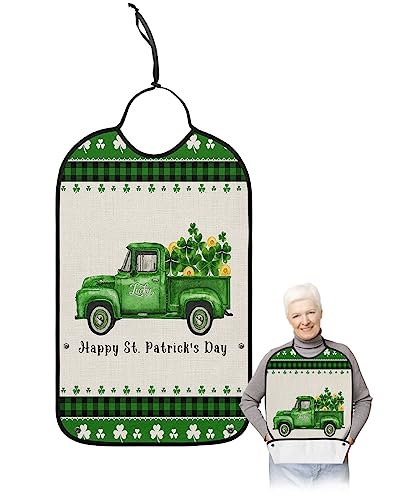 St. Patrick's Day Adult Bibs for Eating, Waterproof Bibs with Food Catcher & Adjustable Snap Closure, Green Checkered Truck Lucky Clover Gold Clothing Protectors Adult Bibs for Elderly Women/Men