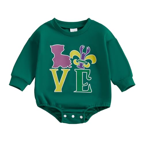 Muspeczenith Infant Baby Girl Boy Mardi Gras Outfit Letter Embroidered Long Sleeve Bubble Romper Sweatshirt Fall Clothes (Turquoise, 3-6 Months)