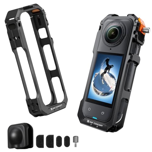 Image of K&F Concept Standard Camera Cage with Silicone Lens Cover for Insta360 X5 | Aluminum Alloy Protective Frame Case |1 /4 inch Screw Hole | 2 Cold Shoe Mounts for Microphone and LED Video Light CI01