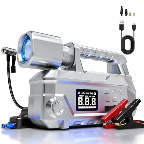 Car Jump Starter with Air Compressor & 950LM LED Light, 6000A 150PSI Peak Portable Jumper Pack, 12V Jump Box Combo with Jumper Cables, Auto-Shutoff Tire Inflator (Up to 9L Gas/7.5L Diesel)