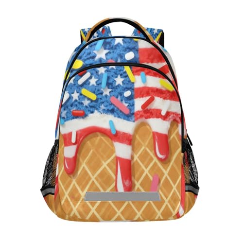 Image of American Flag Ice Cream Backpacks with Chest Strap,Lightweight Bookbags 17 Inch, Casual Daypack Bags