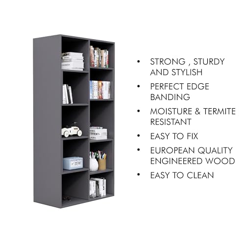 Image of Bniture 10 Tier Engineered Wood Open Book Shelf Wooden Bookshelf for Home, Kids Room & Study Room | Multipurpose Free Stand Corner Book Organizer for Library Room, Office | Slate Grey