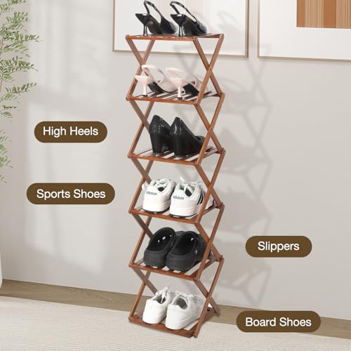 Fengzhizhu Bamboo Shoe Rack 6 Tier Foldable Shoe Rack Narrow Vertical Shoe Organizer Free Standing Shelf, Multifunctional Slim Storage for Entryway, Corner, Bedroom, Hallway, Walnut Color by Fengzhizhu - Image 5