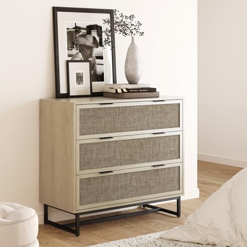 Image of Nathan James Kova 3-Drawer Rattan Dresser or Boheminan Living Room Storage Cabinet with Textiline Rattan Accent and Metal Legs, Light Oak /Black