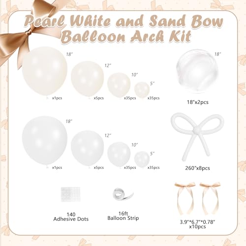 Image of Pearl White Balloon Arch Kit,JOGAMS 178Pcs Bow Balloon Arch Kit with 260 Clear Balloons Beige Ribbon Bow for Coquette Bow Theme Birthday Wedding Baby Shower Bachelorette Bridal Shower