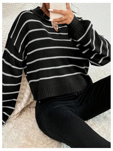 OYOANGLE Women's Striped Knit Sweaters Lapel V Neck Long Sleeve Crop Pullover Jumper Tops4