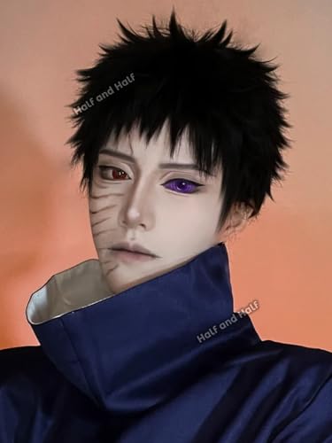 Image of Half and Half Short Black Anime Cosplay Wig for Men Black Nin-ja Male Wigs Black Spiky Layered Synthetic Hair Wig for Halloween Party Costumes