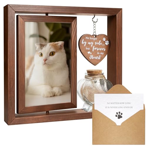 HAMUIERS Cat Memorial Gifts for Loss of Cat - Rotating Wooden Frame for 4x6 Photo & Fur Hair Jar - Sympathy Gift for Pet Bereavement Remembrance Keepsake - Rainbow Bridge Gift for Cat Lovers