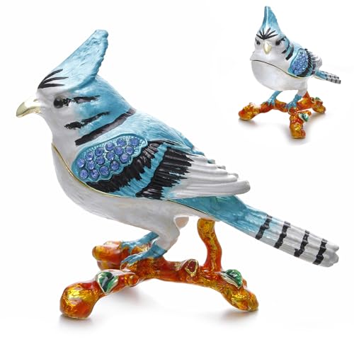 Vie jeune Hand Painted Enamel Blue Jay Trinket Box, Hinged Unique Mini Ring Necklace Jewelry Organizer, Classical Bejeweled Storage, Figurine Collectible Keepsake Home Decor (Blue Jay)