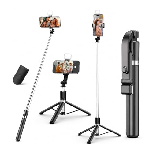 Image of Gismo LED Selfie Stick with Bluetooth Remote, Extendable Phone Holder, 360 Rotating Mount, Foldable Vlogging Accessory for iPhone & Android, Travel, Reels, Live Streaming, Photography- Black